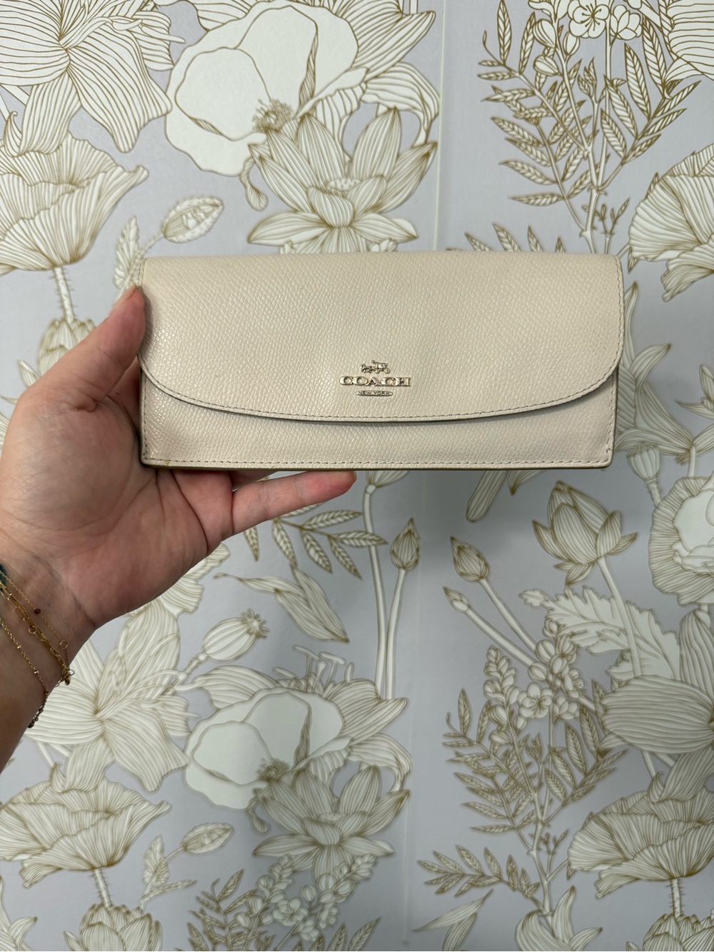 Coach Cream Leather Continental Wallet with Gold Logo